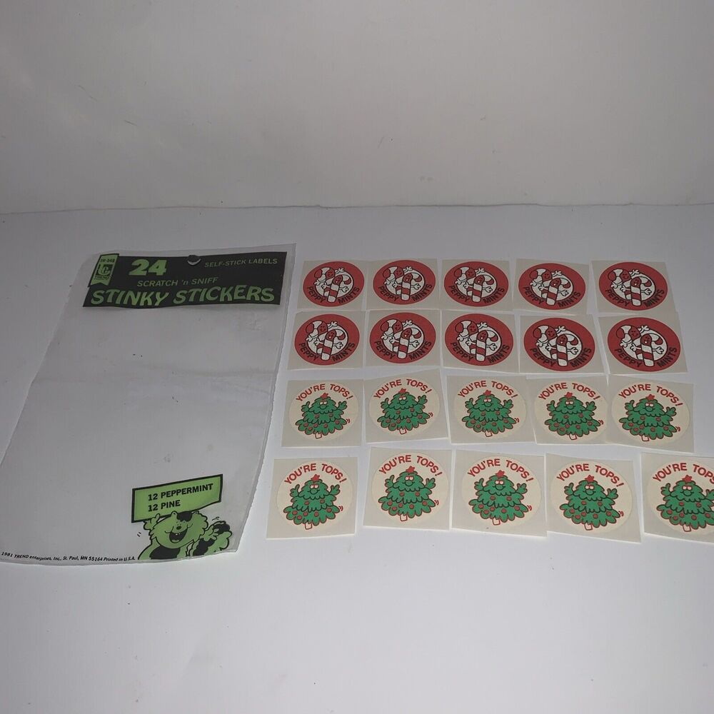 Vintage Trend Scratch & Sniff Stinky Stickers 10 Peppermint & 10 Pine 1981 Matte